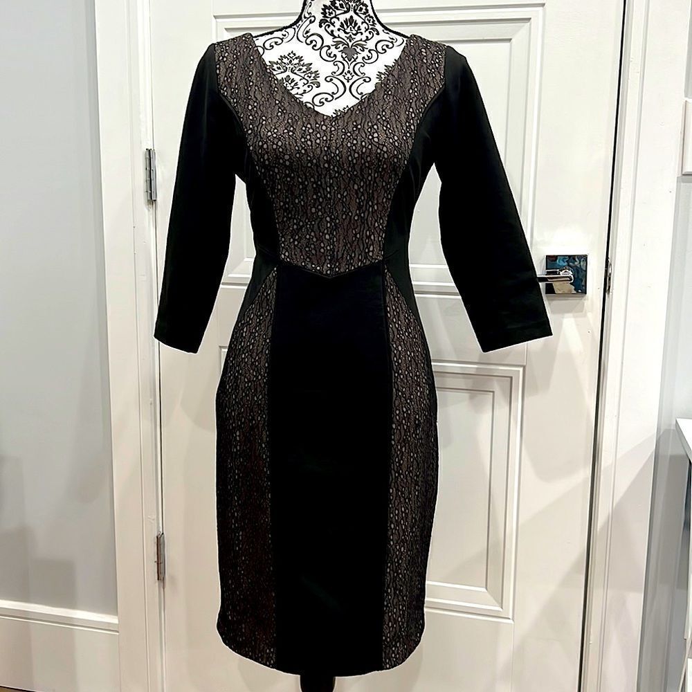 Max and Cleo Black Lace Panels Full Back Zip V-Neck Sheath Cocktail Dress 6